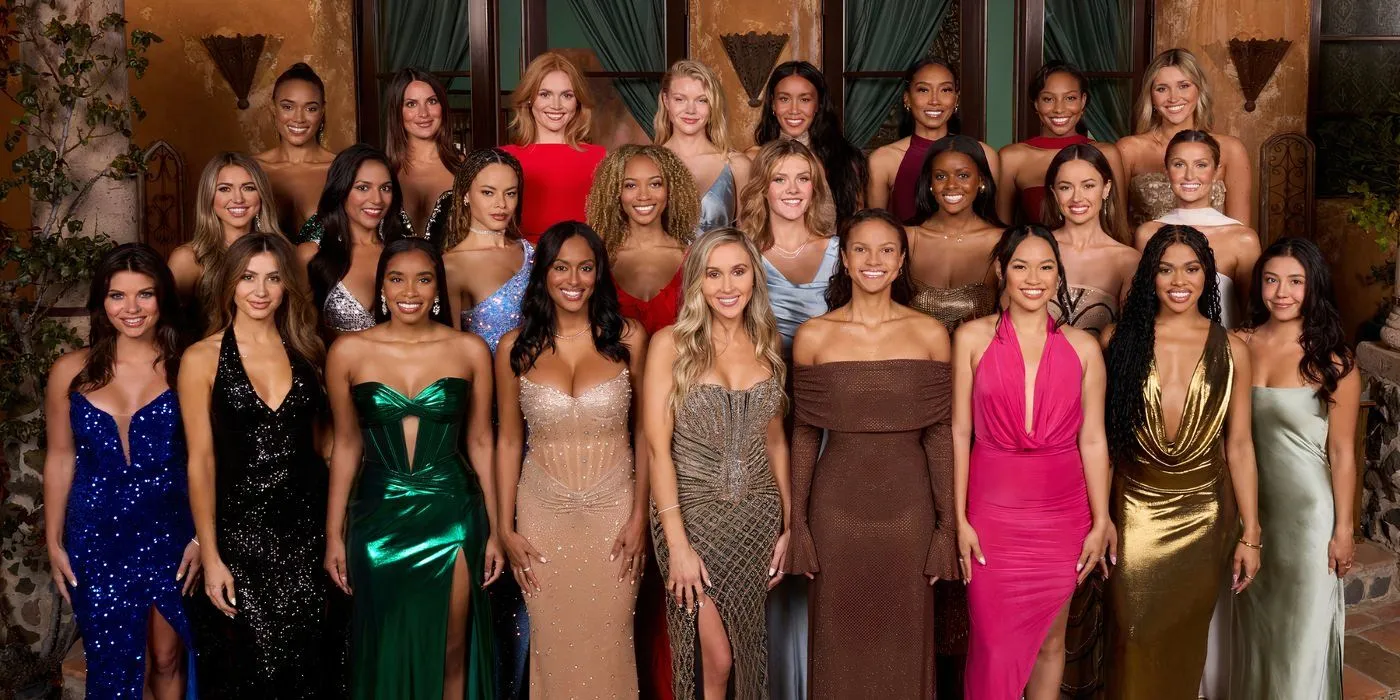Contestants from The Bachelor Season 29 posing together in evening gowns