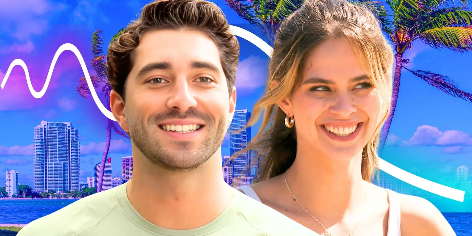 The Bachelor’s Joey Graziadei & Kelsey Anderson smile in front of the Miami landscape