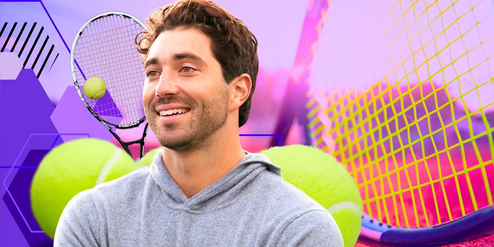 The Bachelor’s Joey Graziadei smiles in front of tennis balls and rackets. The Bachelor’s Joey Graziadei smiles in front of tennis balls and rackets.