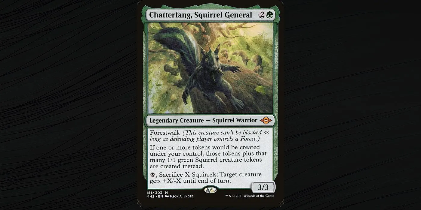 The Chatterfang, Squirrel General commander card from MTG. The Chatterfang, Squirrel General commander card from MTG.
