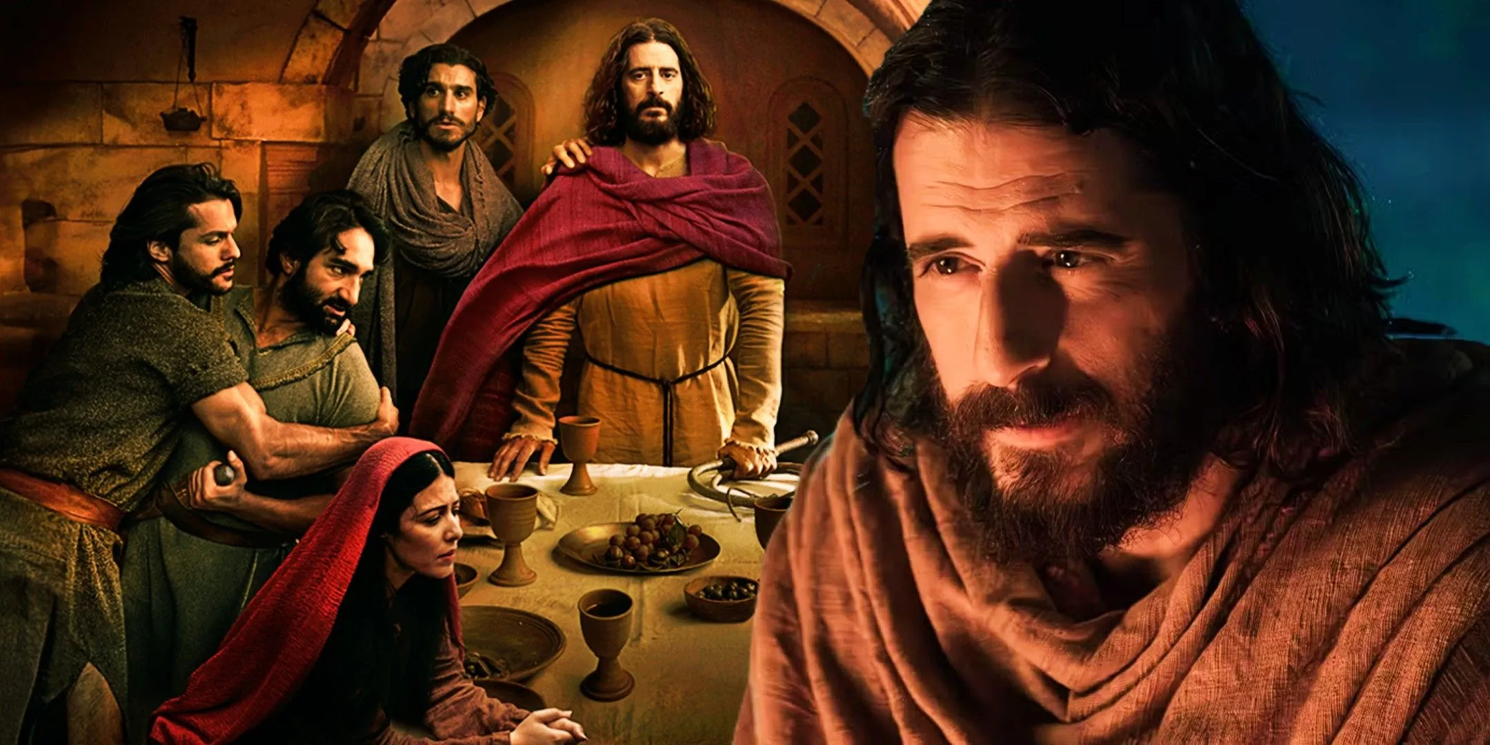 Composite image of Jesus smiling while observing Jesus and his disciples around the Last Supper table in The Chosen season 5.