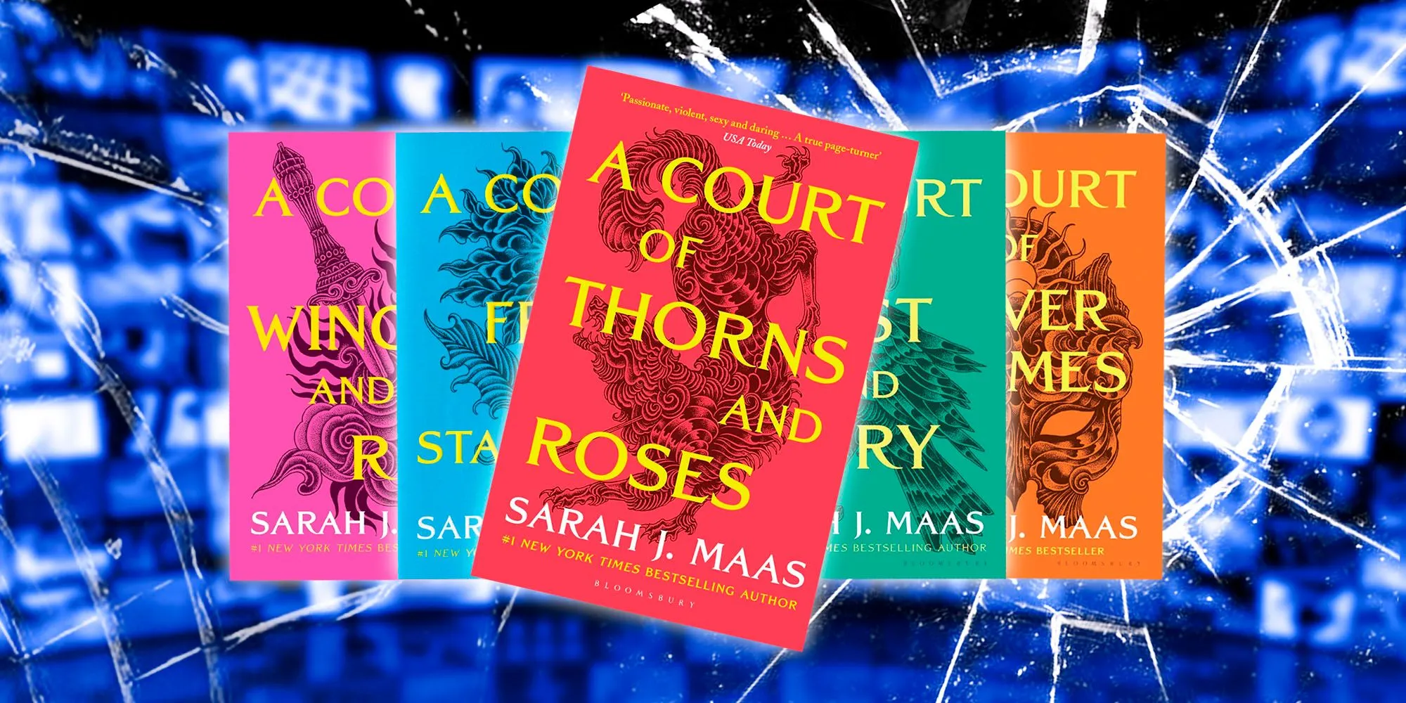 The cover of A Court of Thorns & Roses with all four sequels behind it and a blue background that's cracked like glass