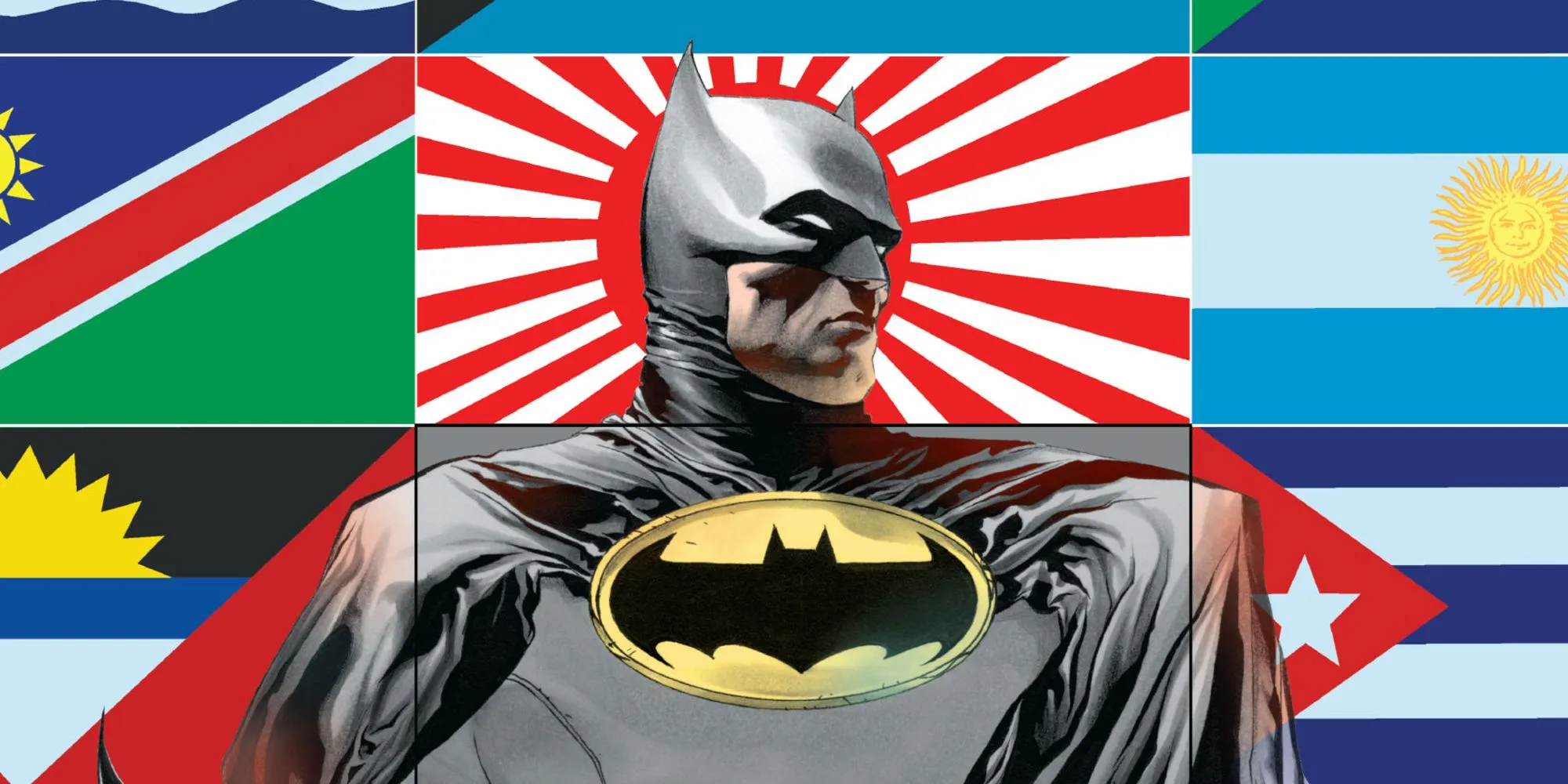 Comic book art: Batman standing in front of various international flags. Comic book art: Batman standing in front of various international flags.