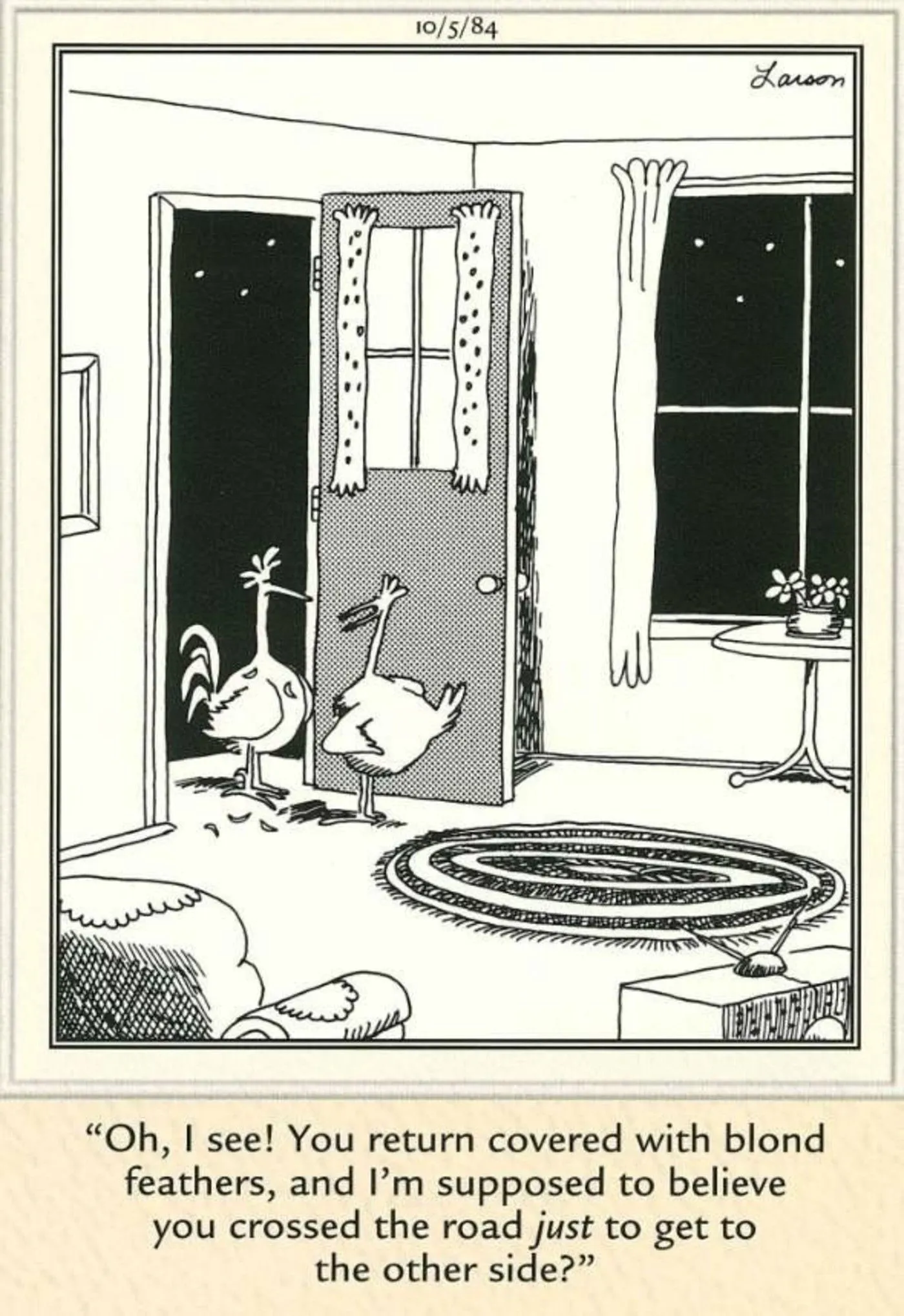 The Far Side, chicken covered in blond feathers