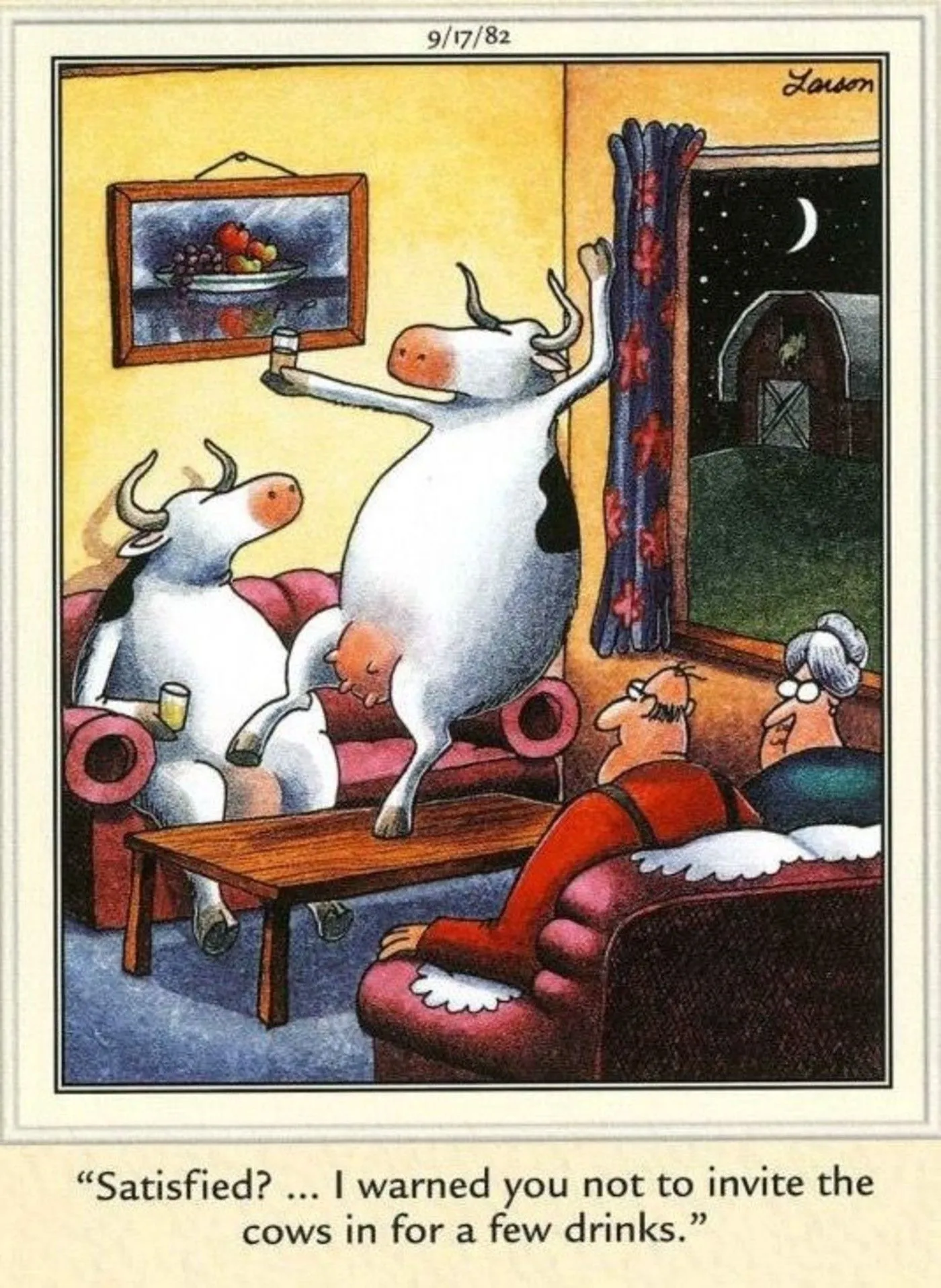 The Far Side, a cow dances on a table as a woman says they shouldn't have invited cows in for drinks. The Far Side, a cow dances on a table as a woman says they shouldn't have invited cows in for drinks.