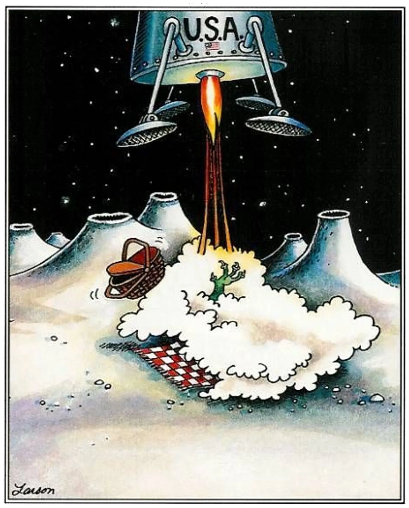Far Side, a lunar module disrupts an alien picnic. Far Side, a lunar module disrupts an alien picnic.