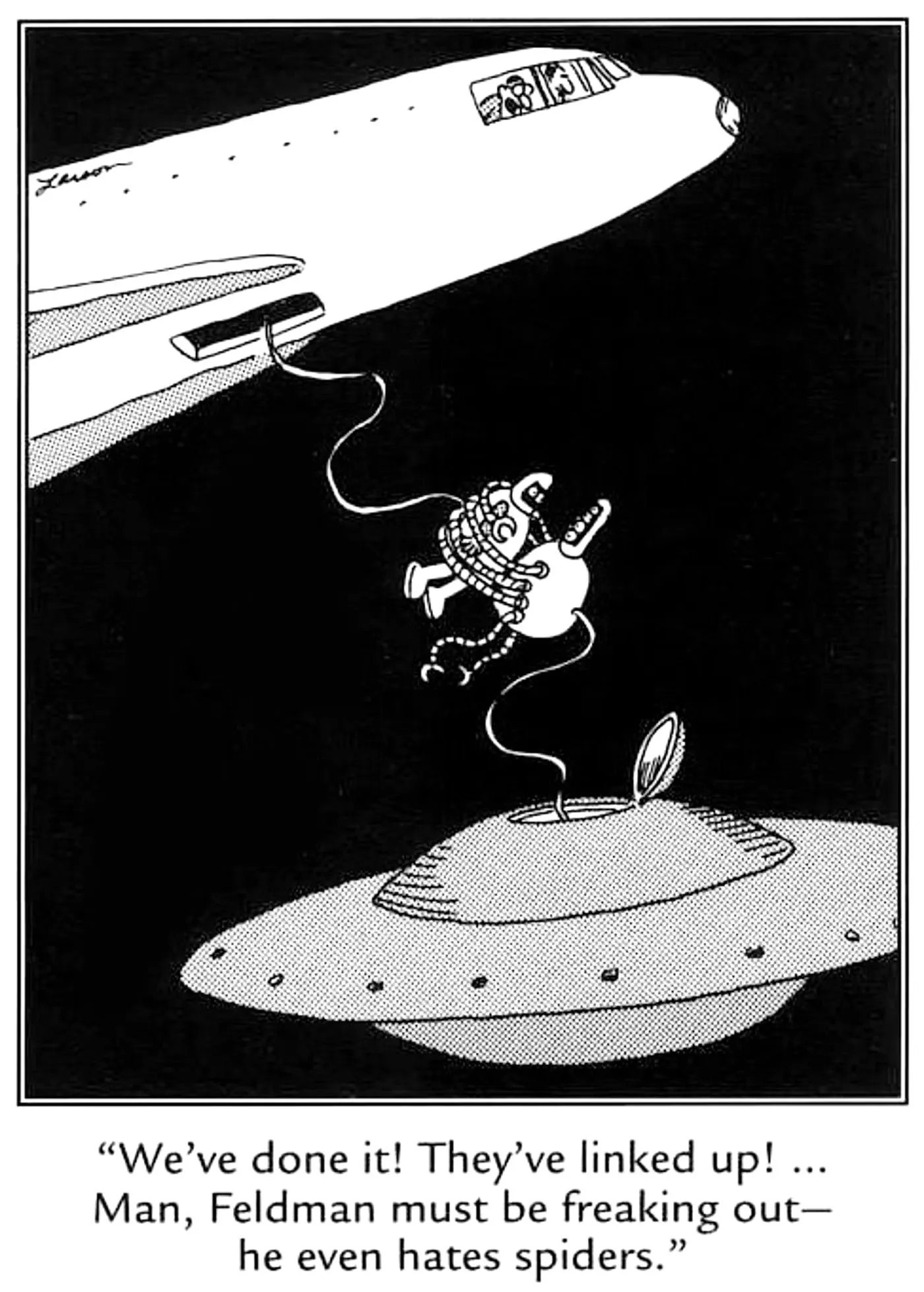Far Side, an astronaut terrified of an alien resembling a spider. Far Side, an astronaut terrified of an alien resembling a spider.