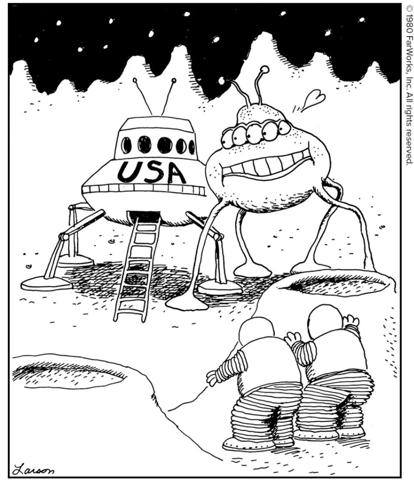Far Side, two astronauts watch as an alien shows interest in their landing gear. Far Side, two astronauts watch as an alien shows interest in their landing gear.