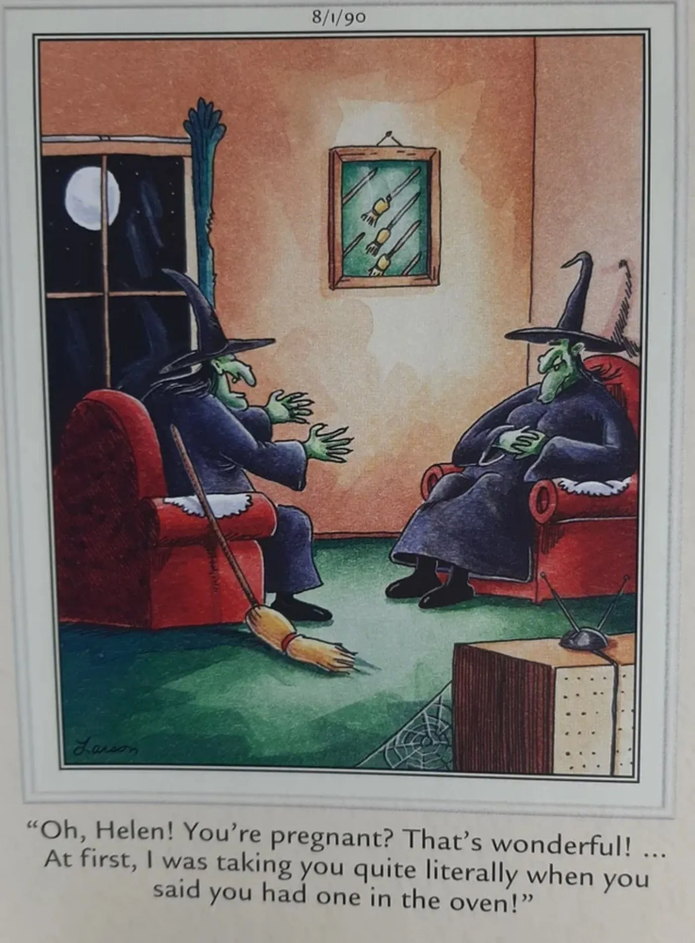 Far Side, witches discussing a bun in the oven