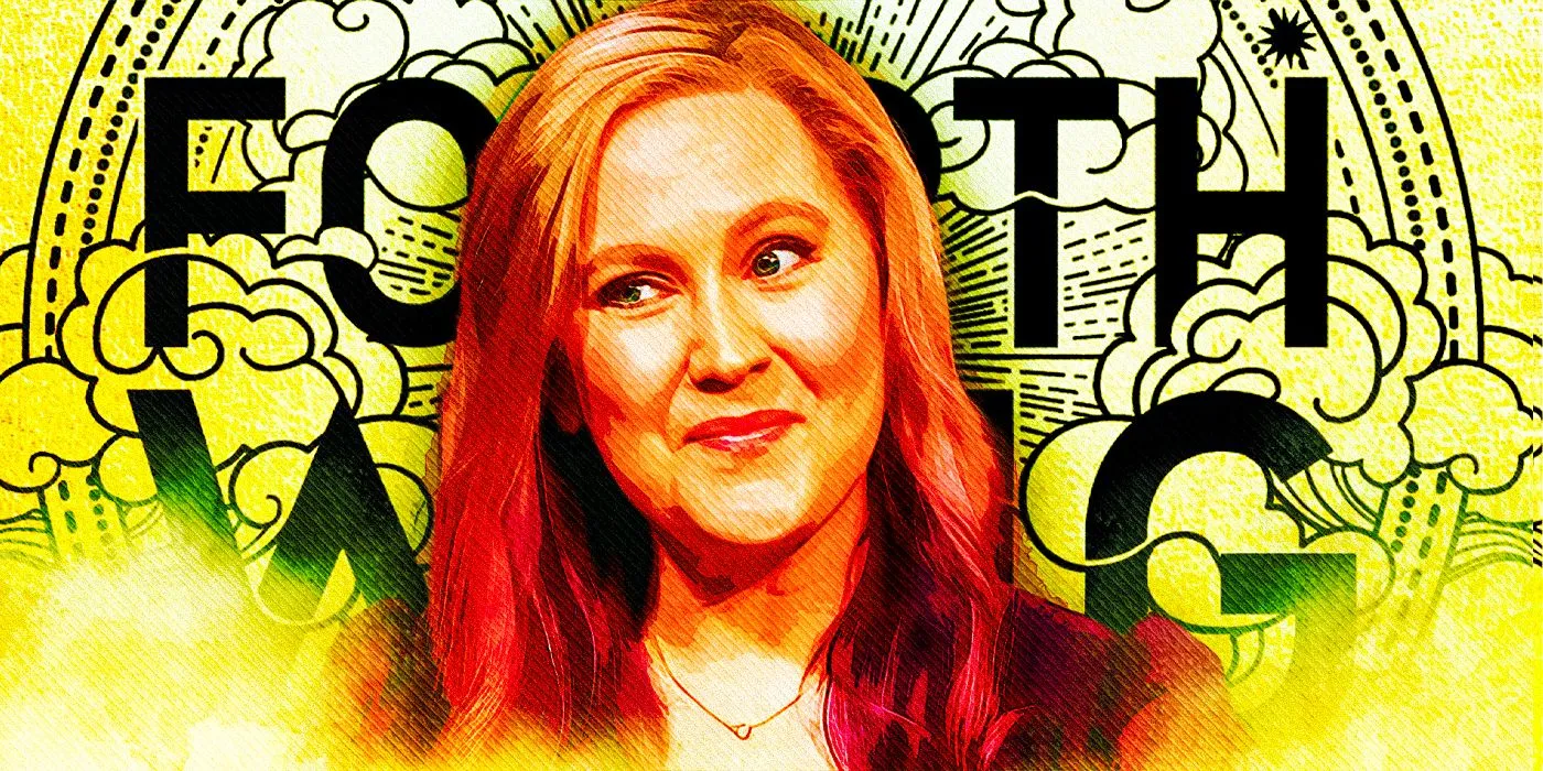 A composite image of Rebecca Yarros smiling in front of the cover of Fourth Wing
