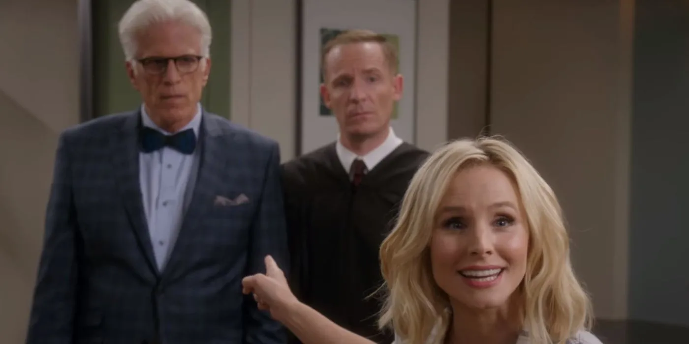 Eleanor pointing at Shawn and Michael in The Good Place season 1 finale Eleanor pointing at Shawn and Michael in The Good Place season 1 finale