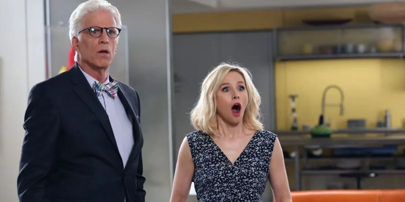 Kristen Bell as Eleanor looking shocked and standing next to Ted Danson as Michael in The Good Place season 1 finale Kristen Bell as Eleanor looking shocked and standing next to Ted Danson as Michael in The Good Place season 1 finale
