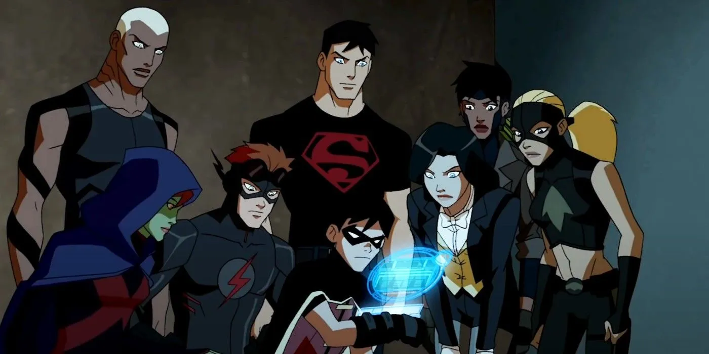 The heroes of Young Justice huddled together