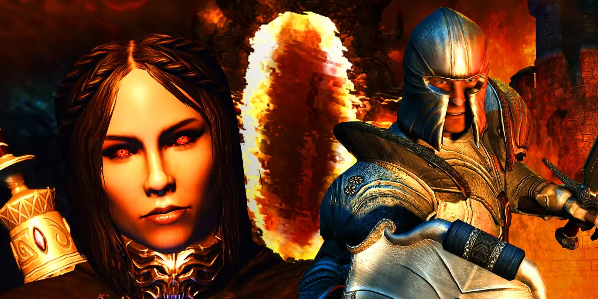 The Oblivion protagonist and a vampire from Skyrim in front of an Oblivion Gate The Oblivion protagonist and a vampire from Skyrim in front of an Oblivion Gate
