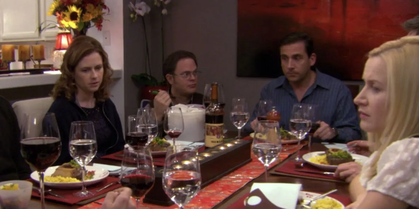 Pam, Dwight, Michael, and Angela around the dinner table in Dinner Party episode Pam, Dwight, Michael, and Angela around the dinner table in Dinner Party episode