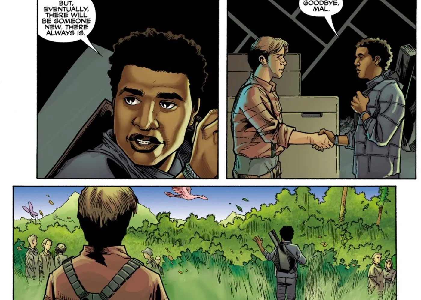 The Operative says goodbye to Captain Mal Reynolds with a handshake in Serenity Firefly Leaves on the Wind #6