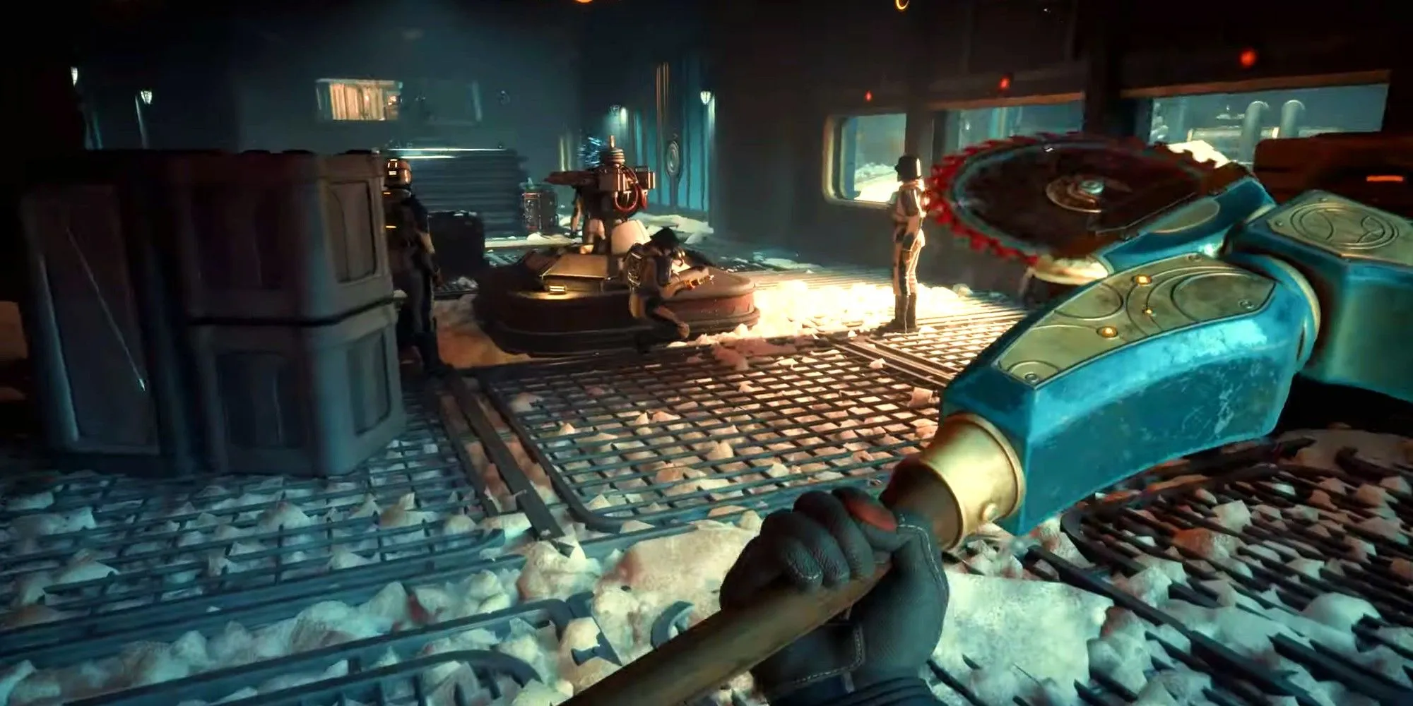 A player in The Outer Worlds 2 approaches enemies with a chainsaw-like weapon. A player in The Outer Worlds 2 approaches enemies with a chainsaw-like weapon.