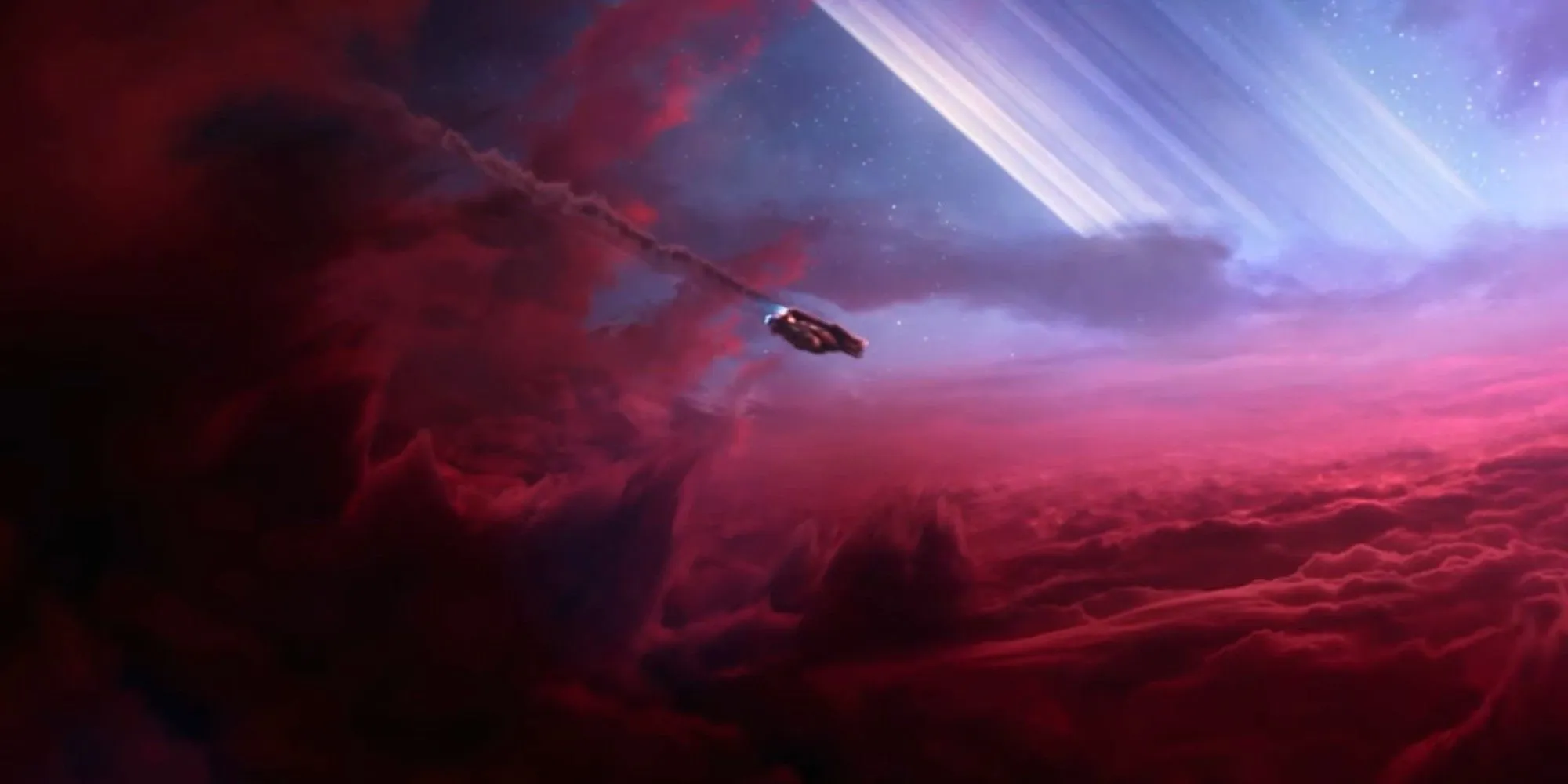 A ship crashing through red clouds in The Outer Worlds 2.