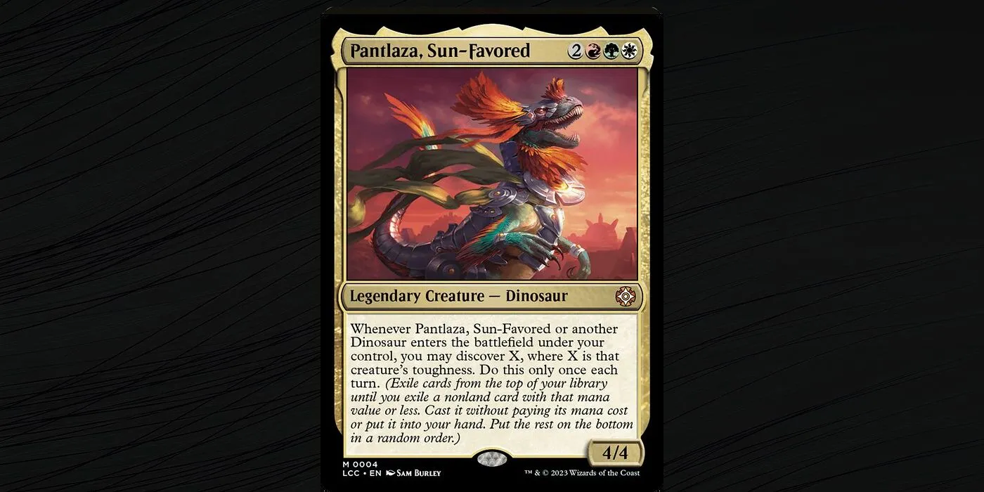 The Pantlaza, Sun-Favored Commander card from MTG. The Pantlaza, Sun-Favored Commander card from MTG.