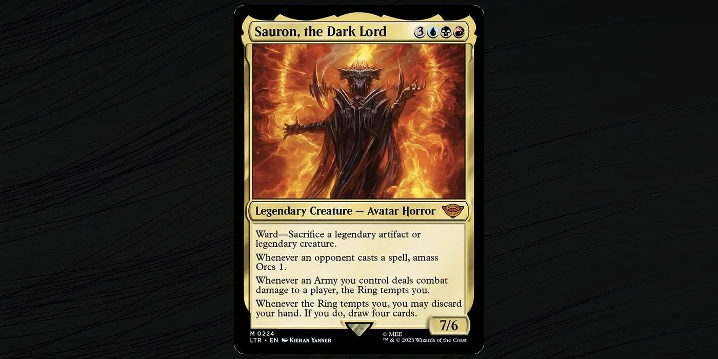 The Sauron, the Dark Lord Commander card from Magic The Gathering. The Sauron, the Dark Lord Commander card from Magic The Gathering.