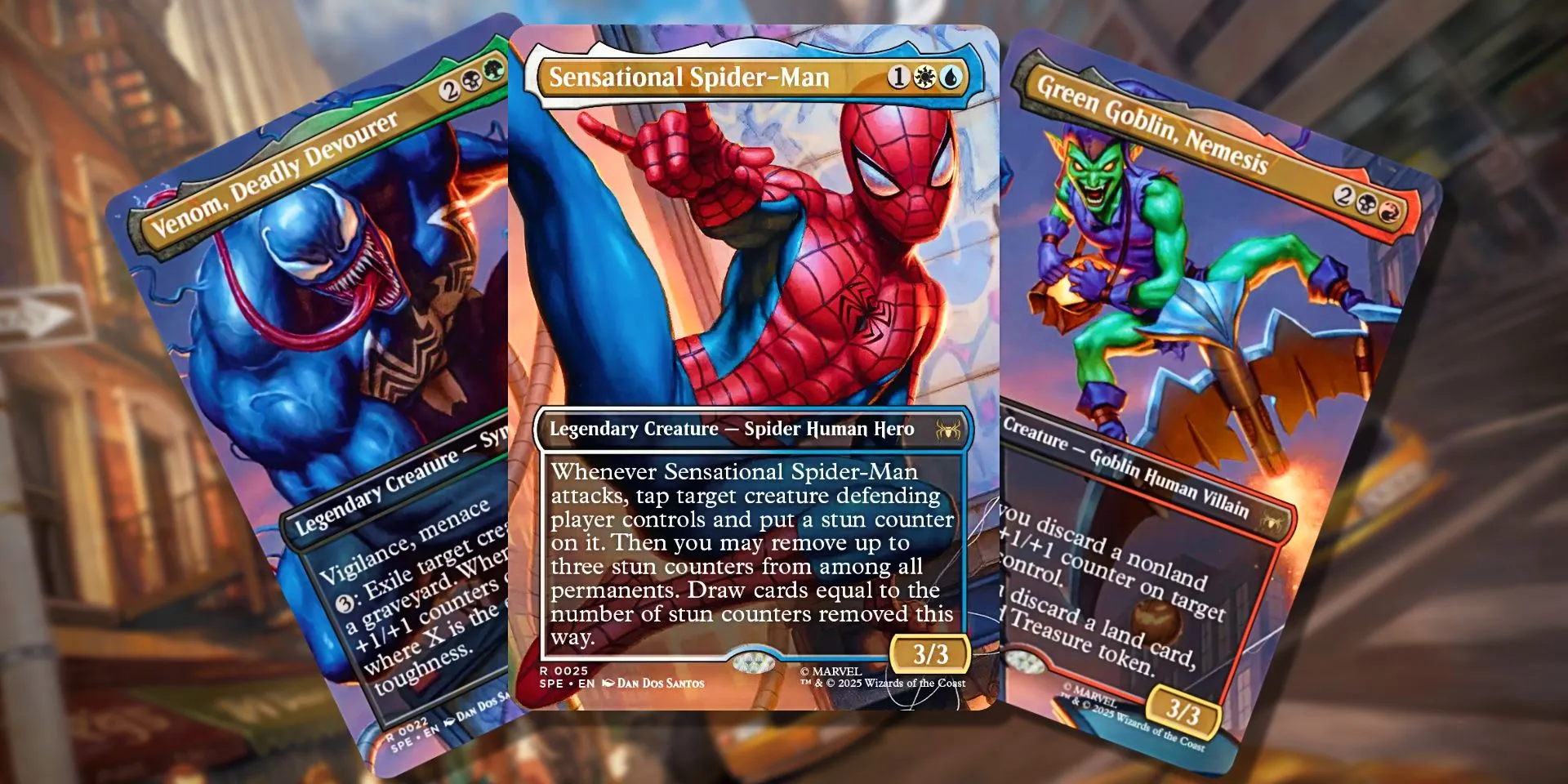 Venom, Spider-Man, and Green Goblin cards from Magic: The Gathering Venom, Spider-Man, and Green Goblin cards from Magic: The Gathering
