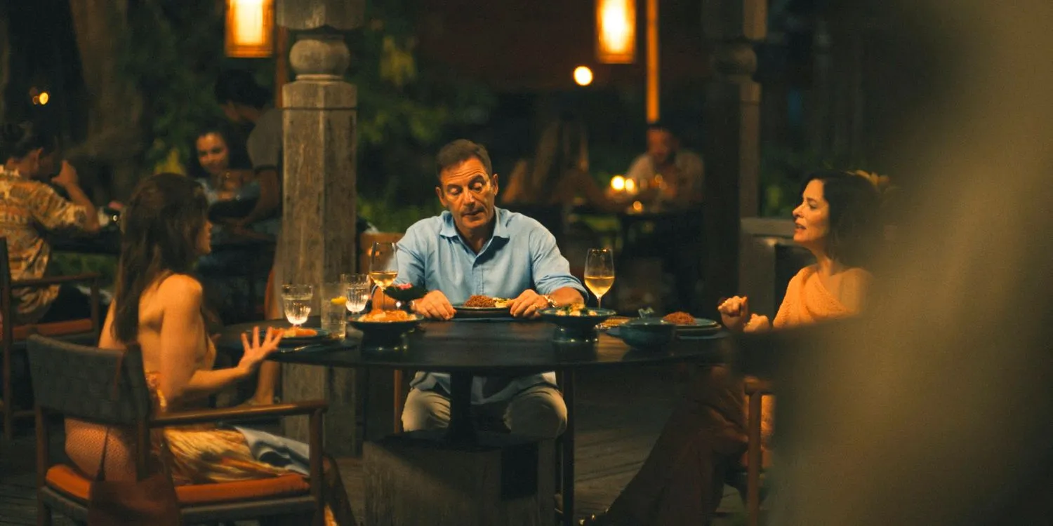 Piper, Timothy, and Victoria arguing during dinner in The White Lotus Season 3 Episode 5