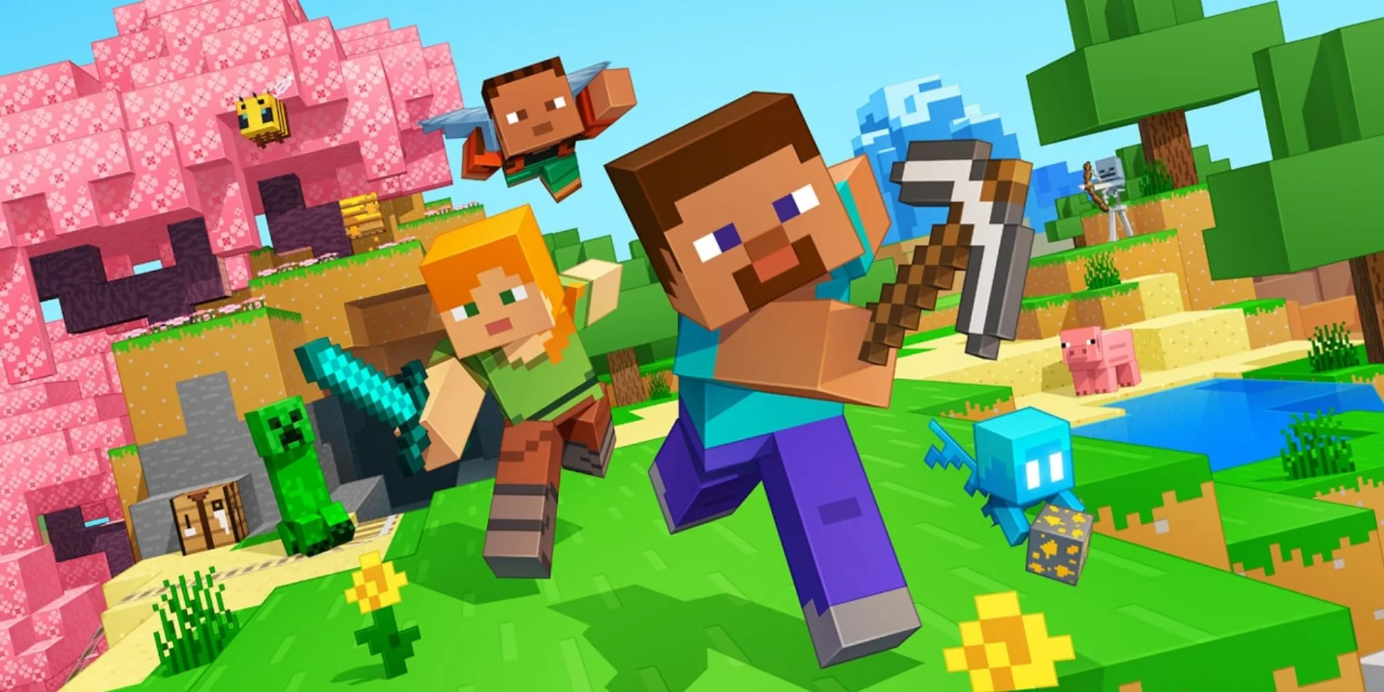 Key art from Minecraft featuring several players and mobs
