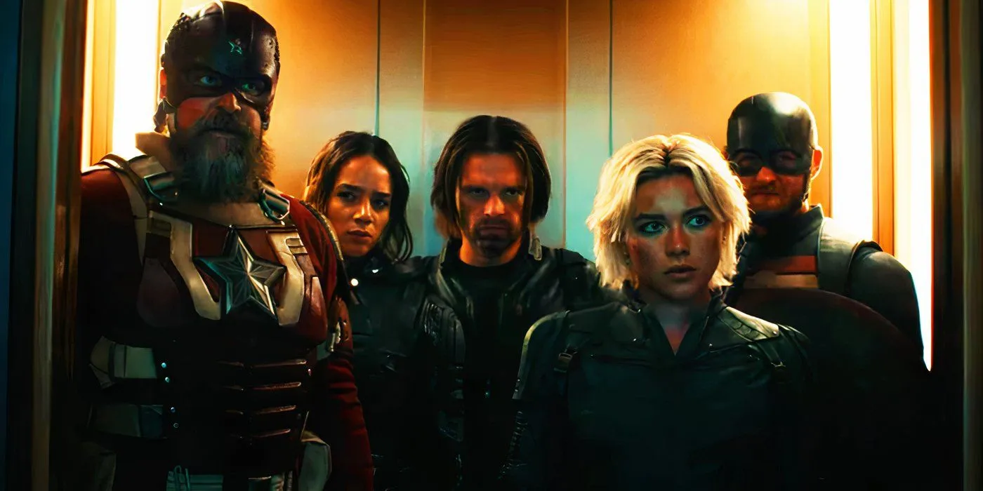 Thunderbolts team captured in the elevator in Thunderbolts trailer