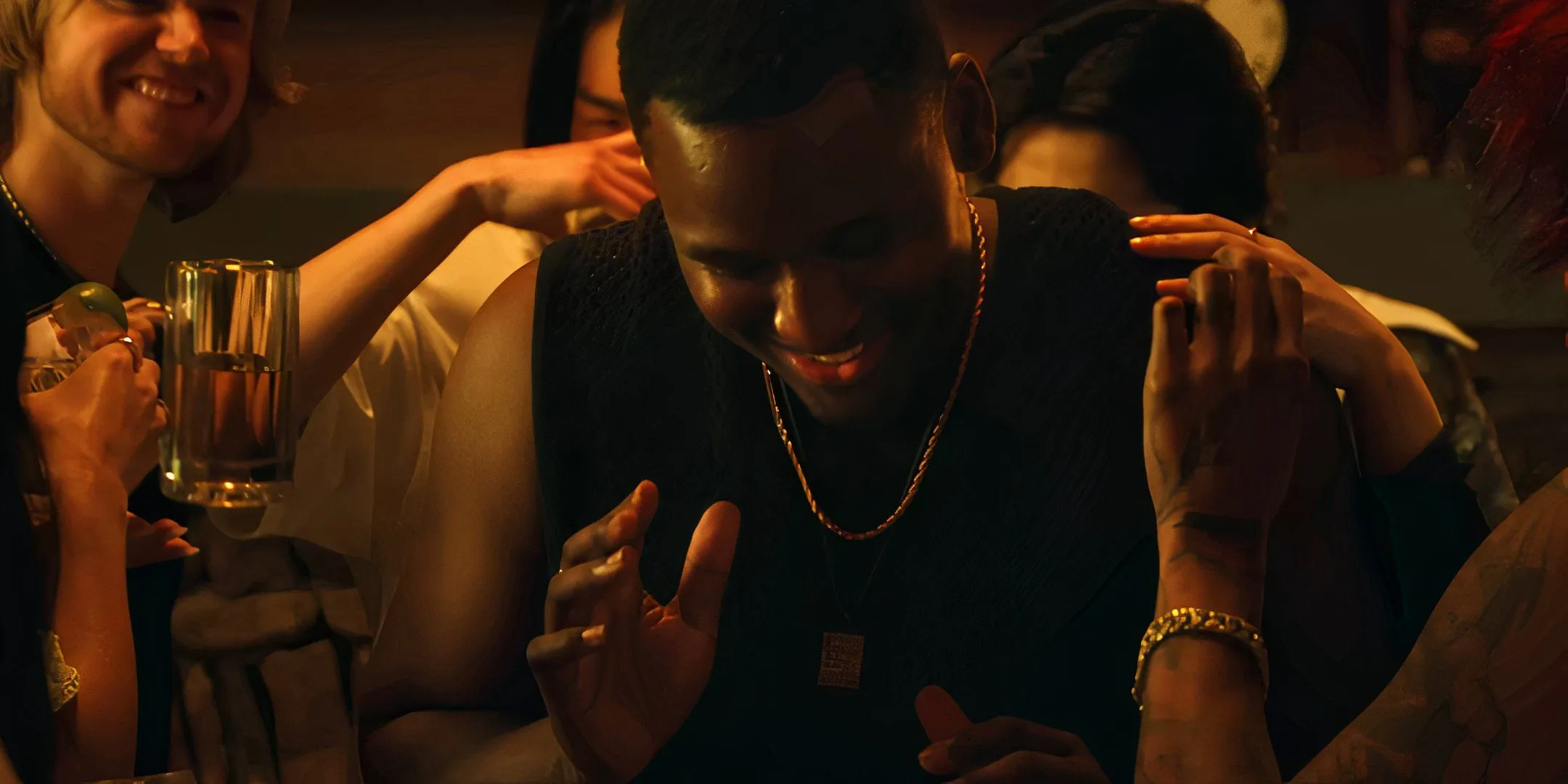 TJ in the middle of the group at the party in The Grove TJ in the middle of the group at the party in The Grove