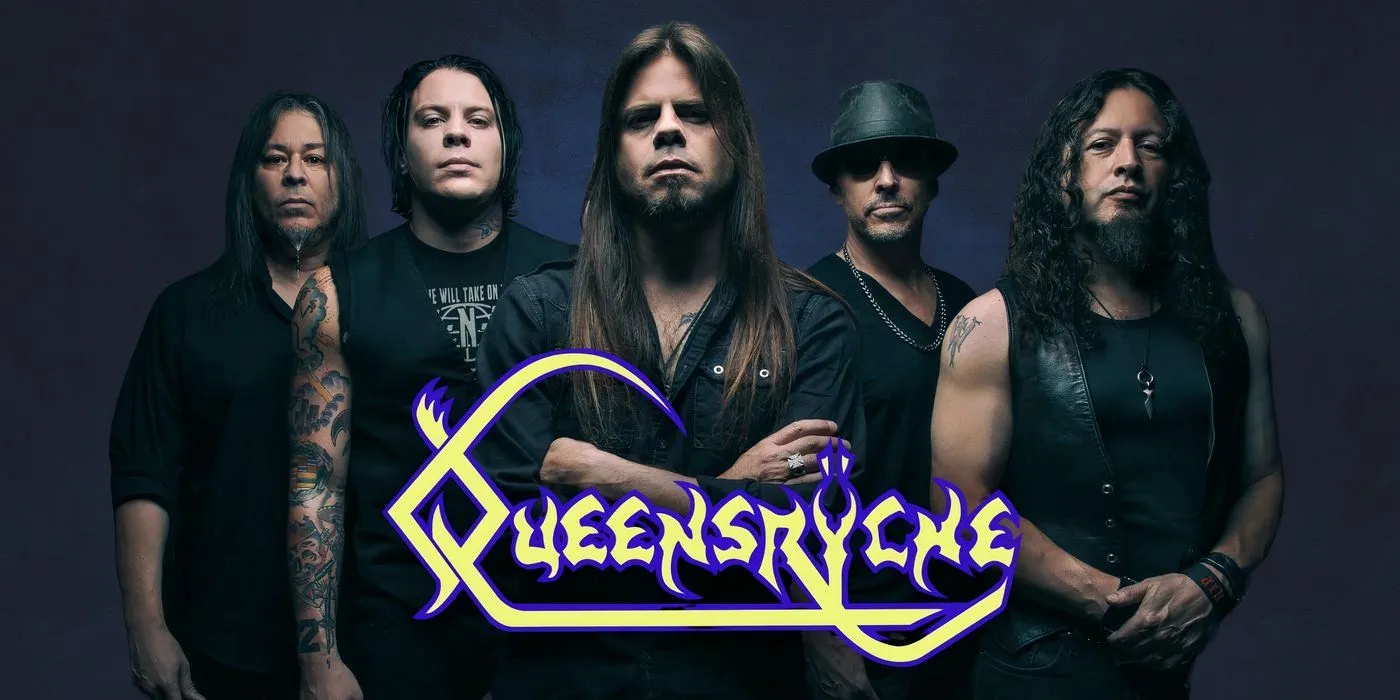 The band Queensryche alongside their logo The band Queensryche alongside their logo