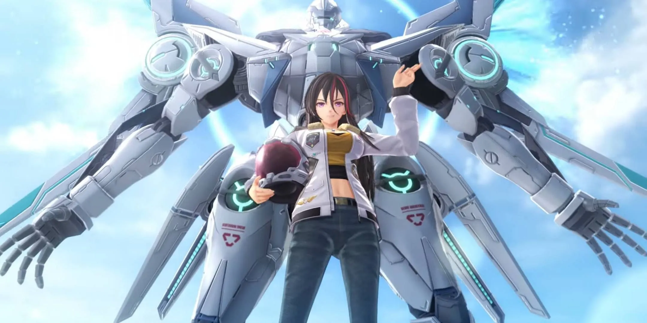 The Legend of Heroes: Trails Beyond the Horizon female character alongside a mech. The Legend of Heroes: Trails Beyond the Horizon female character alongside a mech.