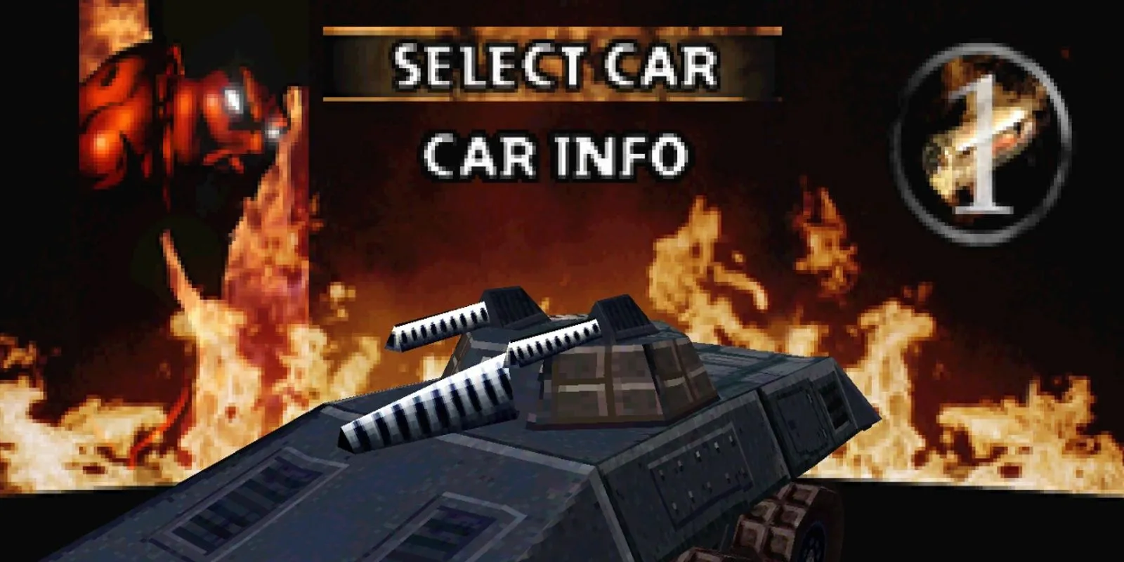 Minion from Twisted Metal Black next to his tank.