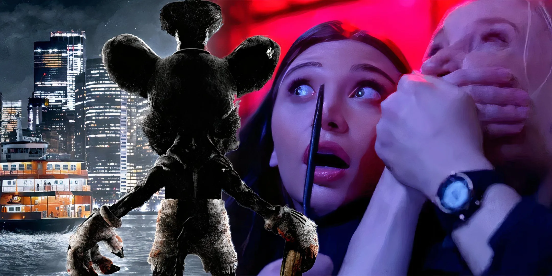 Two women looking scared next to killer Mickey Mouse in Screamboat Two women looking scared next to killer Mickey Mouse in Screamboat