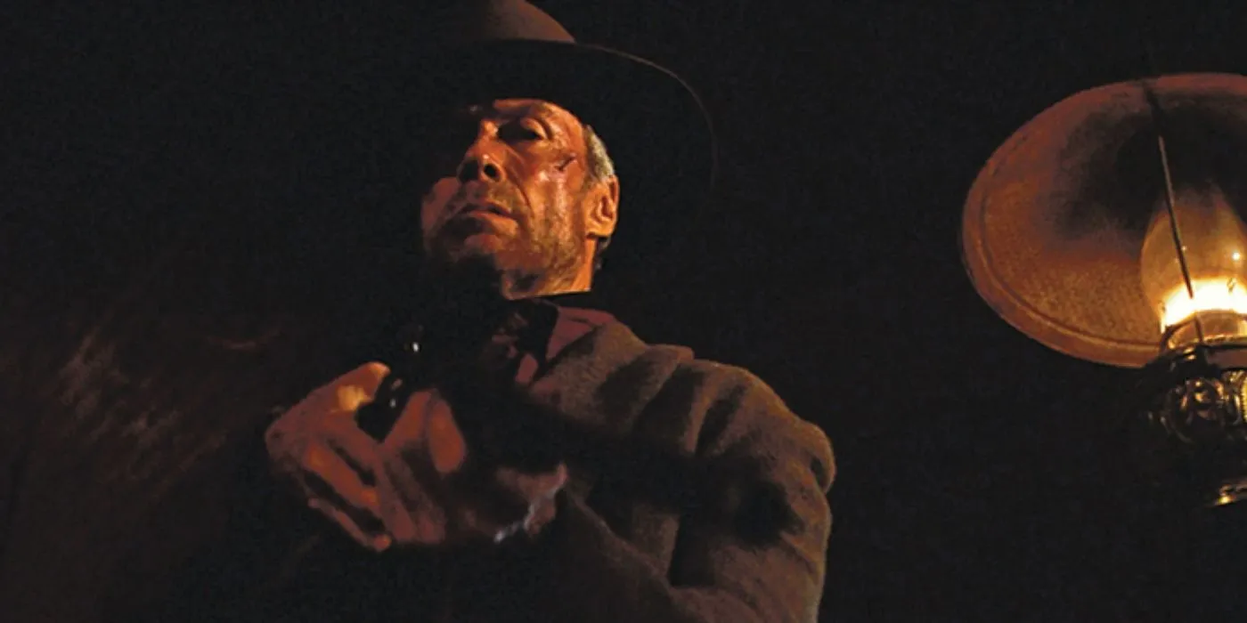 Will Munny aiming a shotgun down in Unforgiven Will Munny aiming a shotgun down in Unforgiven