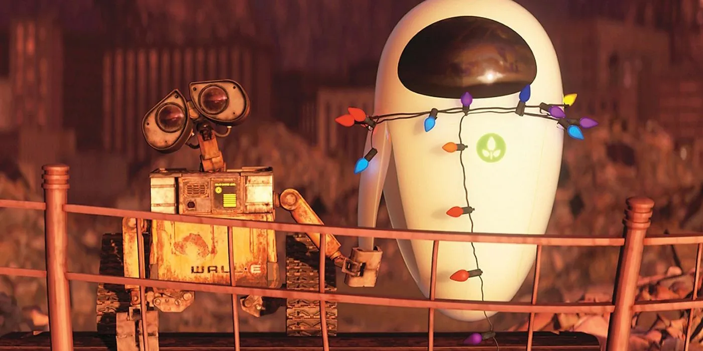WALL-E holding Eve's hand with fairy lights wrapped around her in Pixar's WALL-E WALL-E holding Eve's hand with fairy lights wrapped around her in Pixar's WALL-E