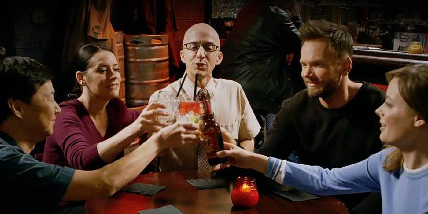 Community finale toast scene with main characters Community finale toast scene with main characters