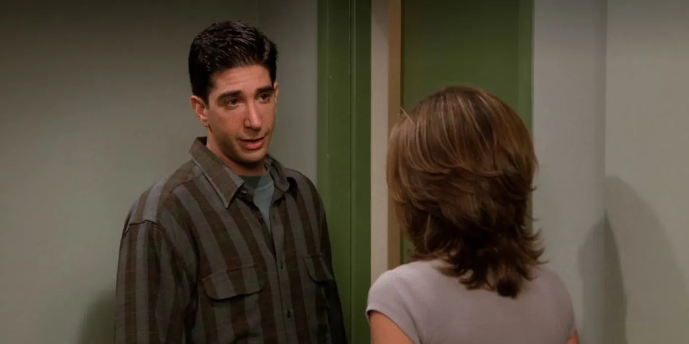Ross and Rachel talking outside Ross' apartment in Friends