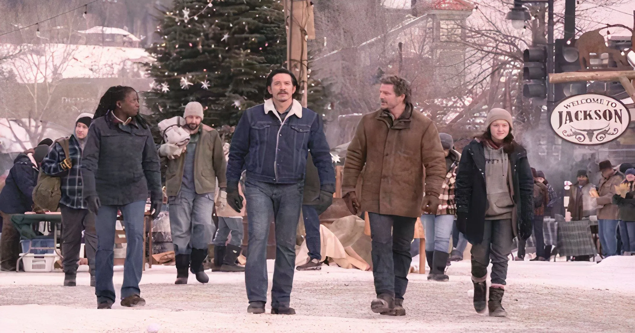 Joel, Ellie, Tommy, and Maria walking through Jackson in The Last of Us season 2 Joel, Ellie, Tommy, and Maria walking through Jackson in The Last of Us season 2