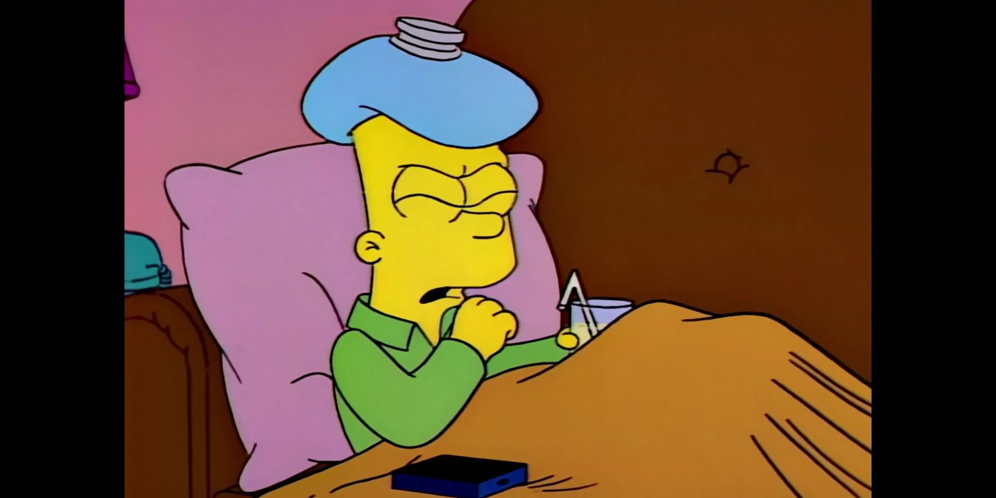 An ill Bart Simpson with a water bottle on his head An ill Bart Simpson with a water bottle on his head