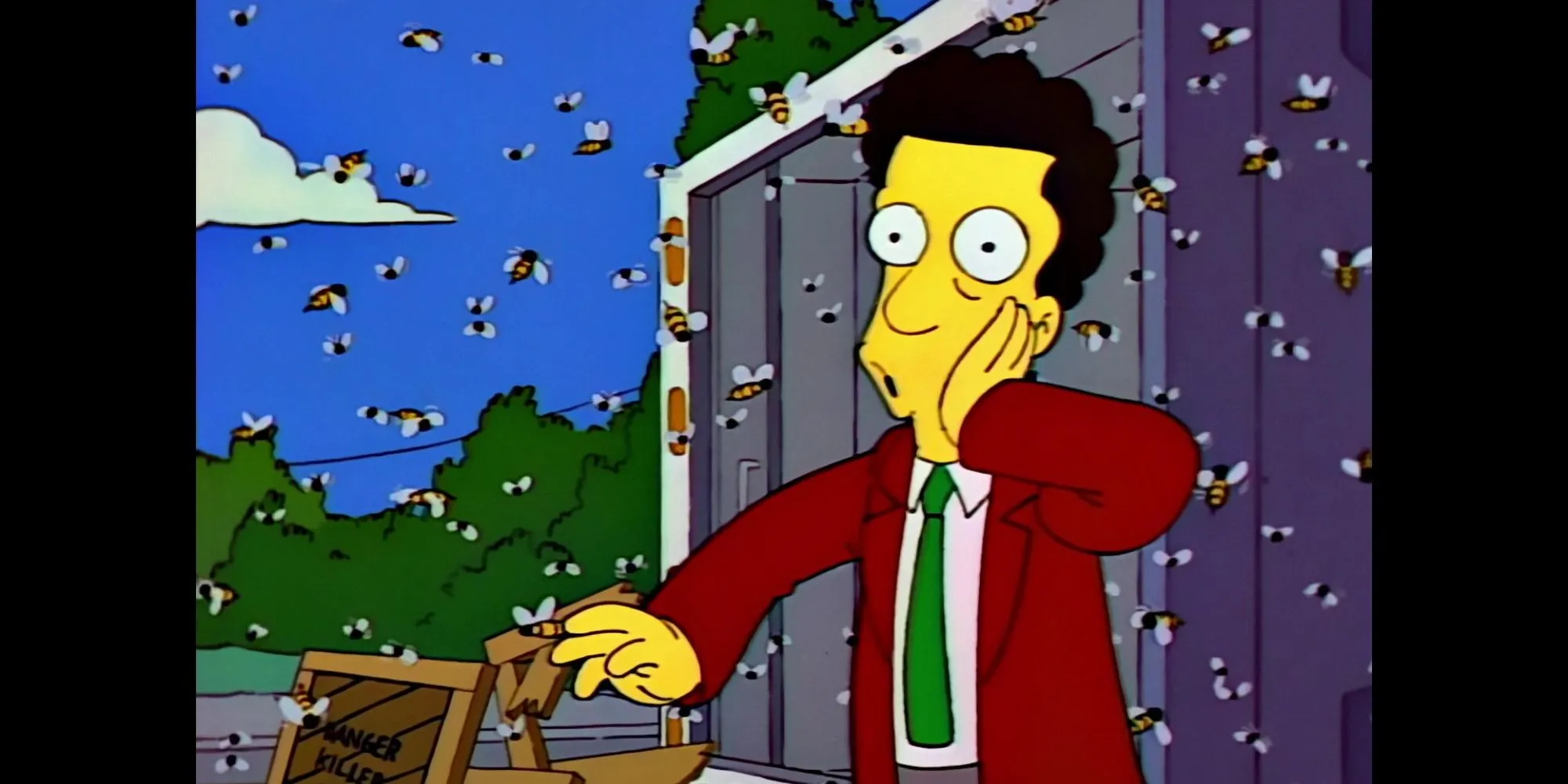 A man from The Simpsons looks in shock at swarm of bees A man from The Simpsons looks in shock at swarm of bees
