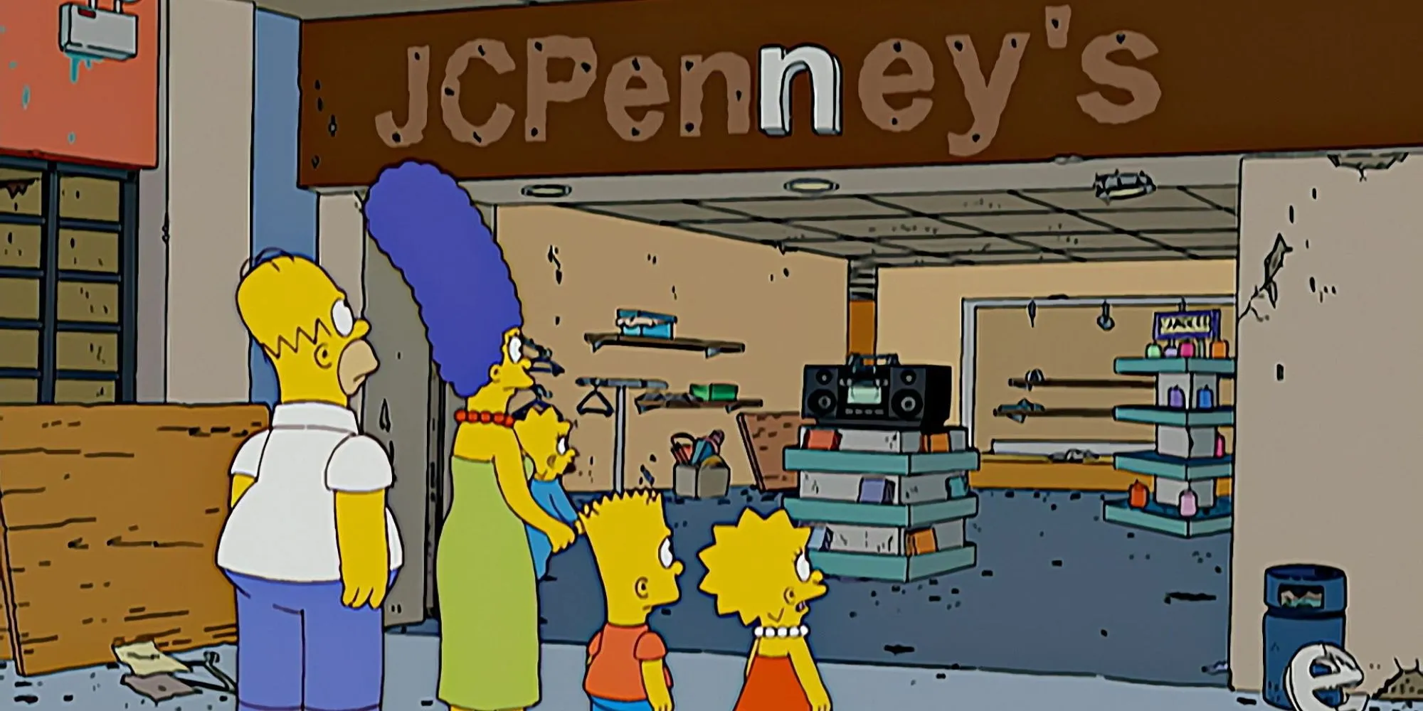 The Simpsons family looks up at a busted 'JC Penney's' sign The Simpsons family looks up at a busted 'JC Penney's' sign
