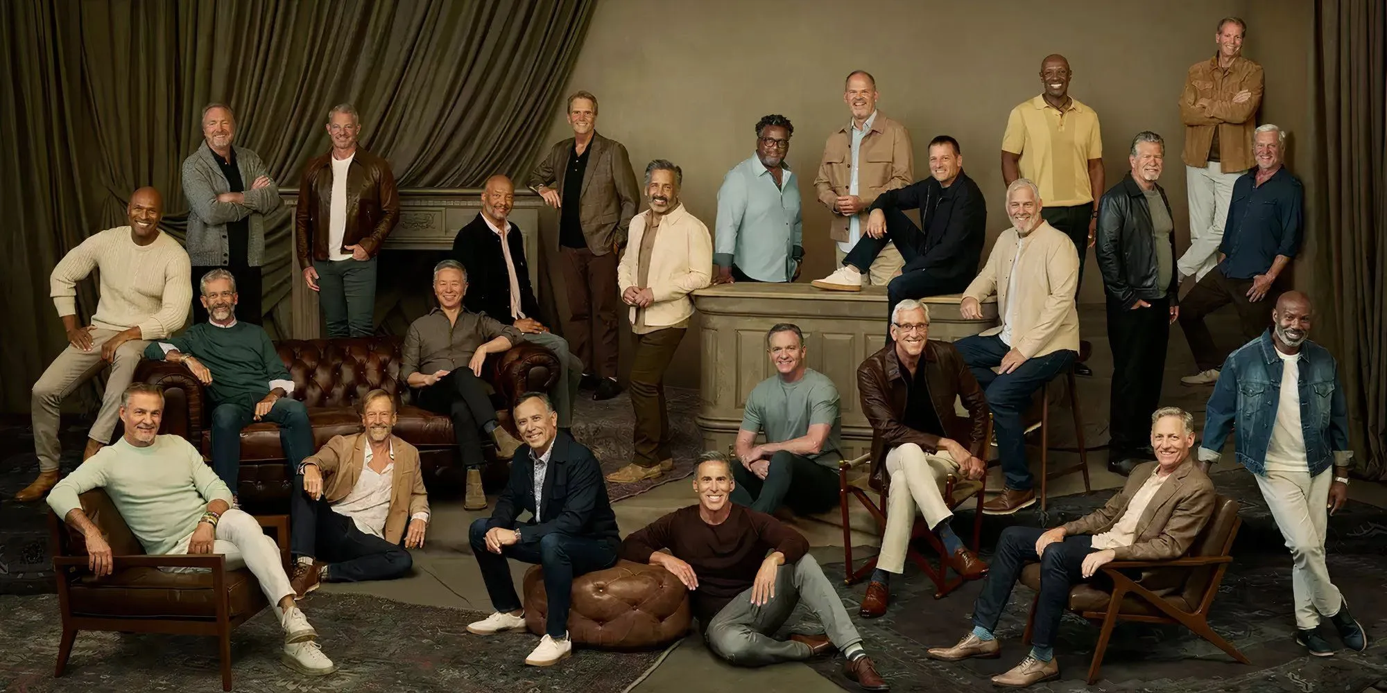 The Golden Bachelorette cast, men gathered around casually The Golden Bachelorette cast, men gathered around casually