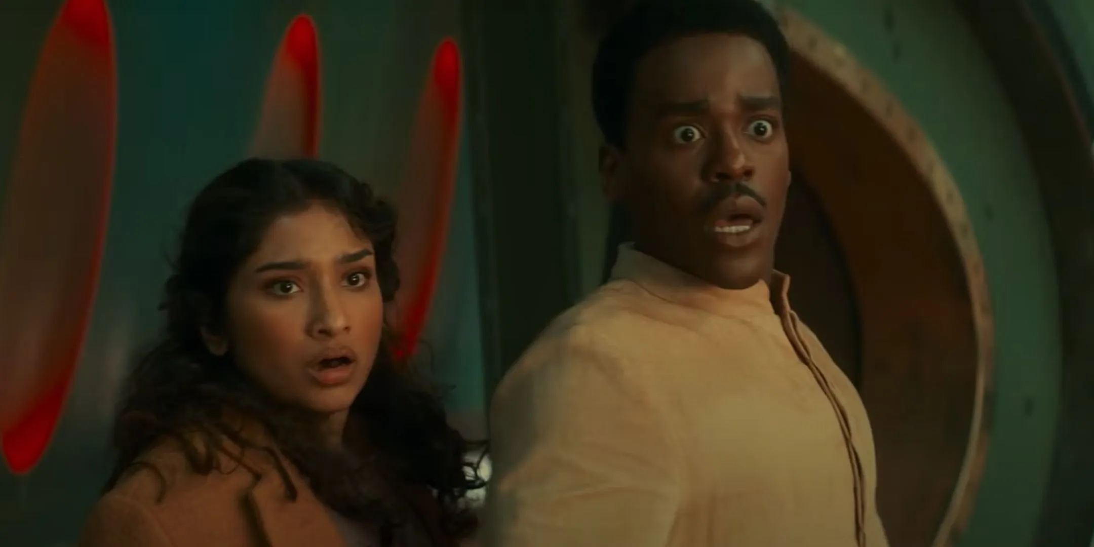 Ncuti Gatwa and Varada Sethu shocked in Doctor Who Ncuti Gatwa and Varada Sethu shocked in Doctor Who