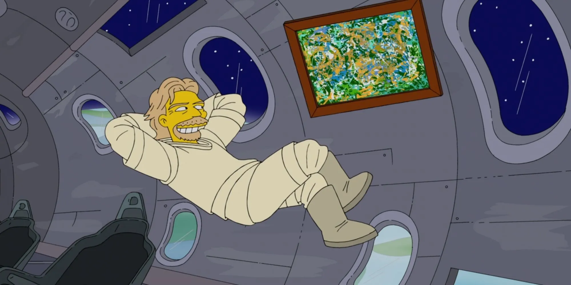 Richard Branson floating in a space shuttle and smiling at a painting Richard Branson floating in a space shuttle and smiling at a painting