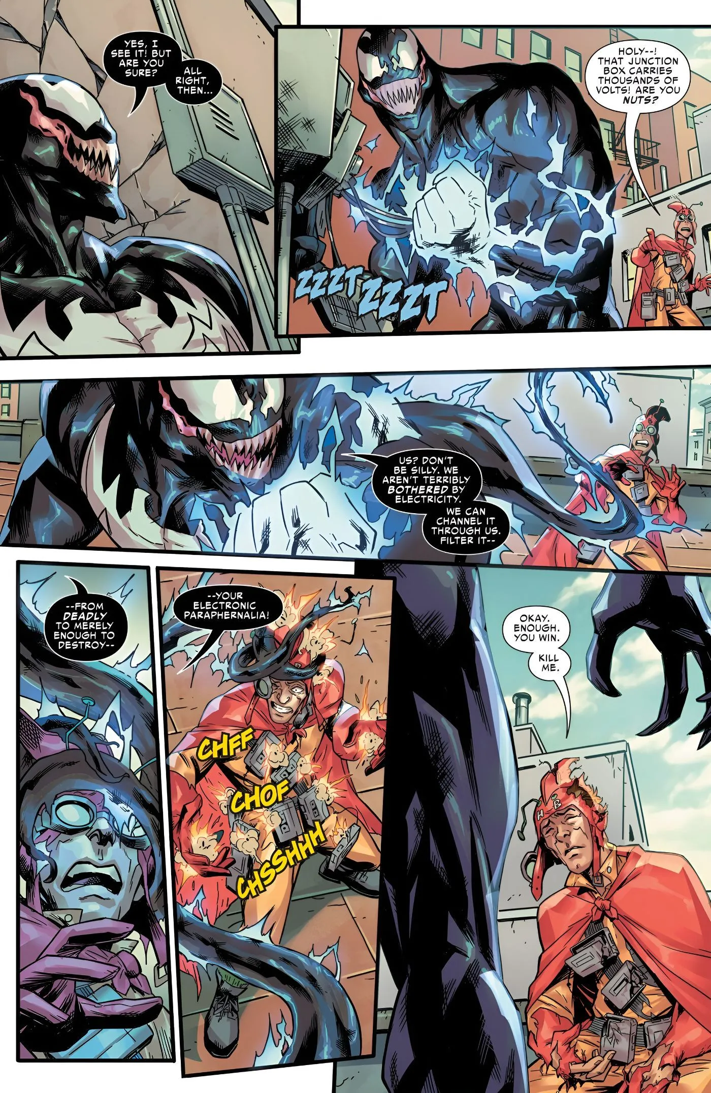 Venom Absorbs Electricity and Attacks a Villain On a Rooftop Venom Absorbs Electricity and Attacks a Villain On a Rooftop