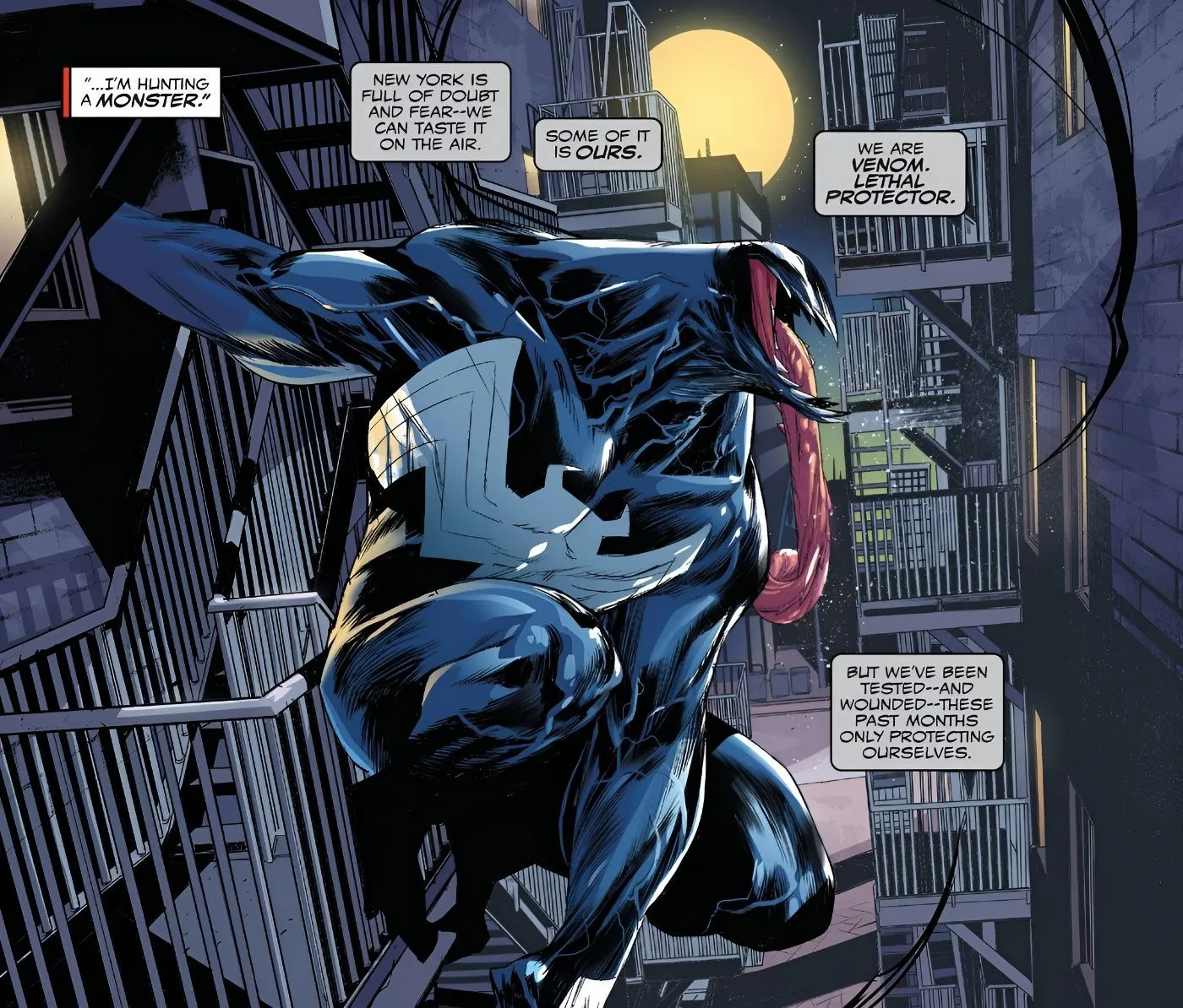 Venom Hands Off the Side of a Building With Its Tongue Hanging Out Venom Hands Off the Side of a Building With Its Tongue Hanging Out