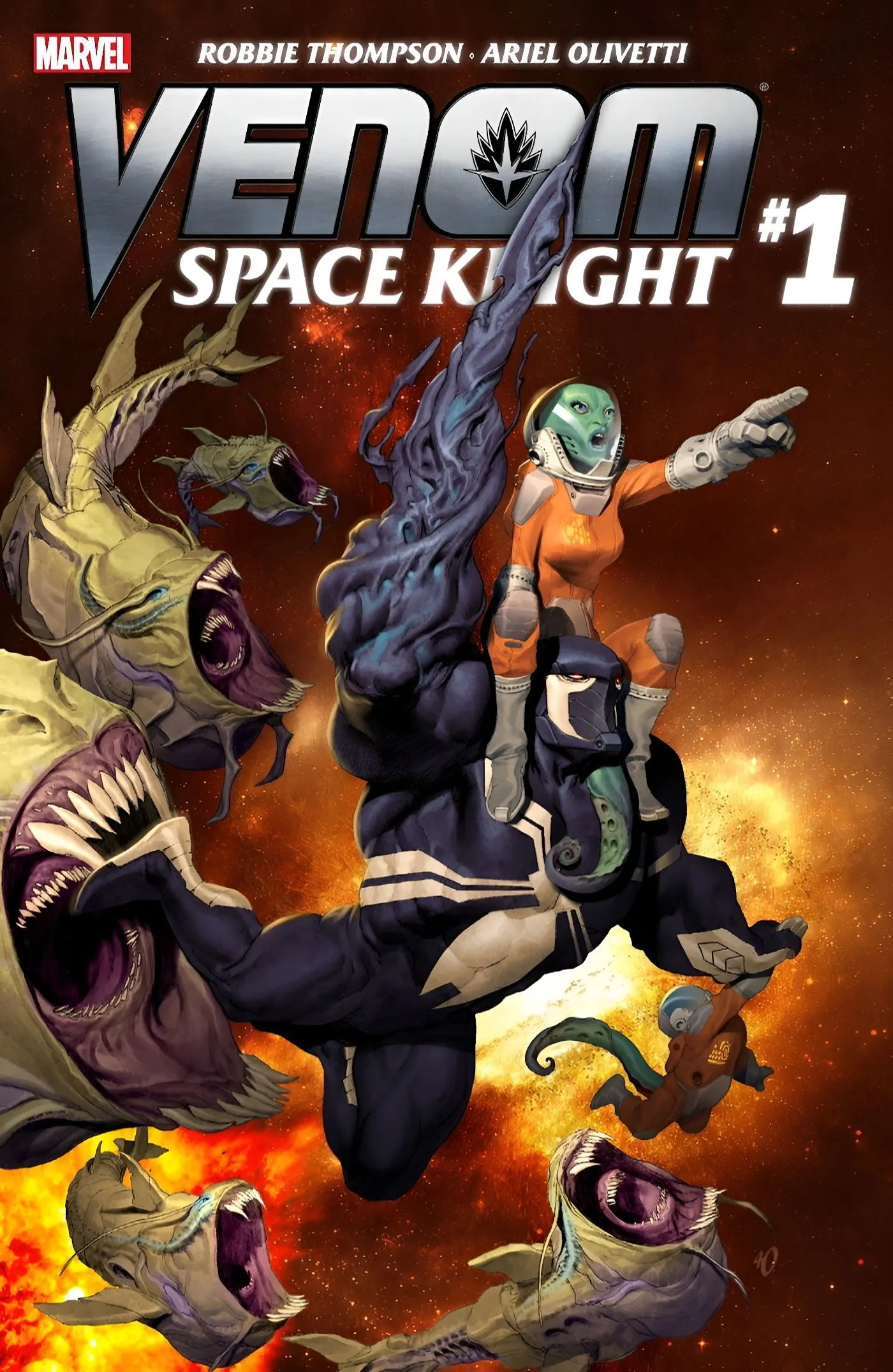 Venom Space Knight flies through space with an alien riding on his back. Venom Space Knight flies through space with an alien riding on his back.