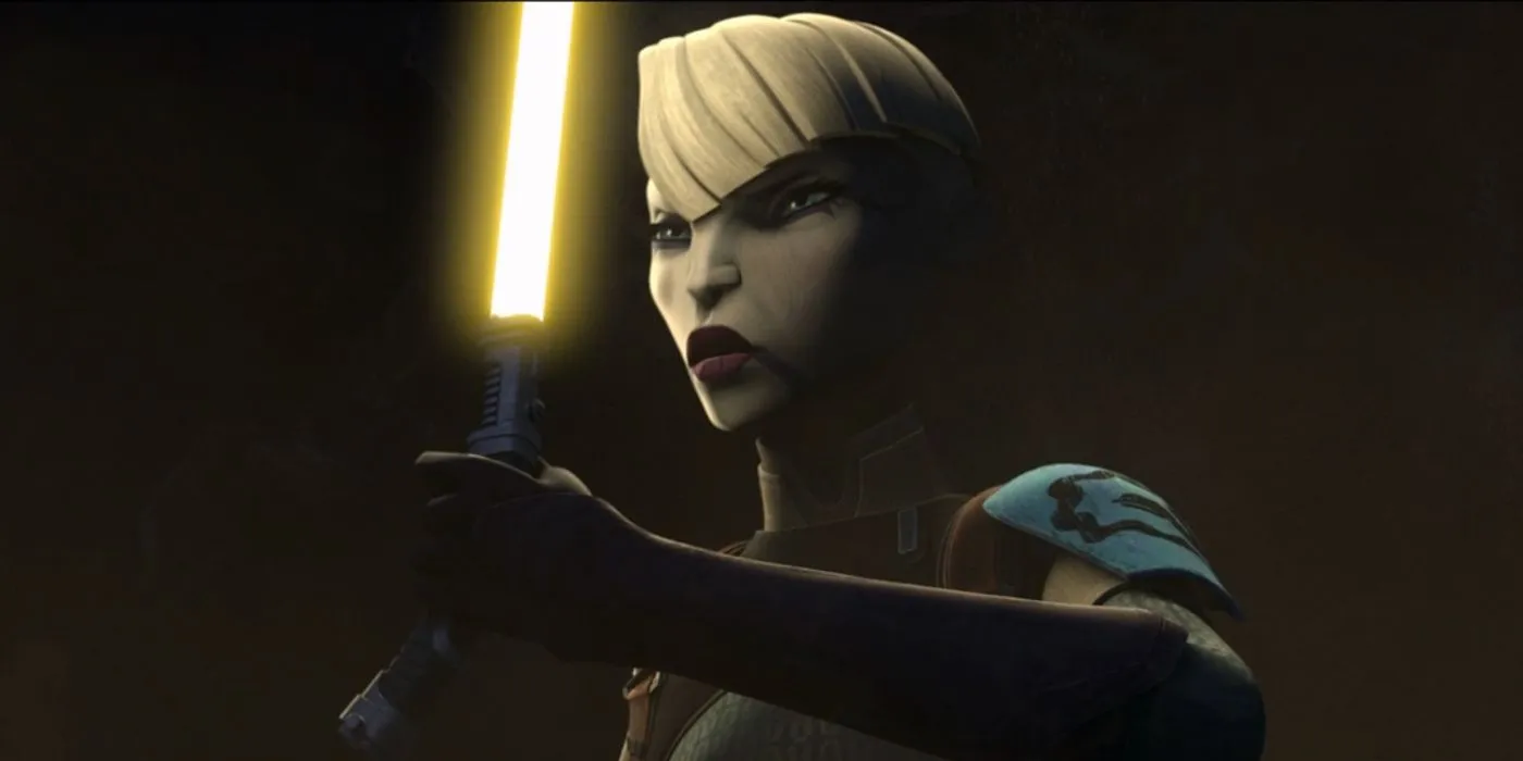 Ventress with her yellow lightsaber Ventress with her yellow lightsaber
