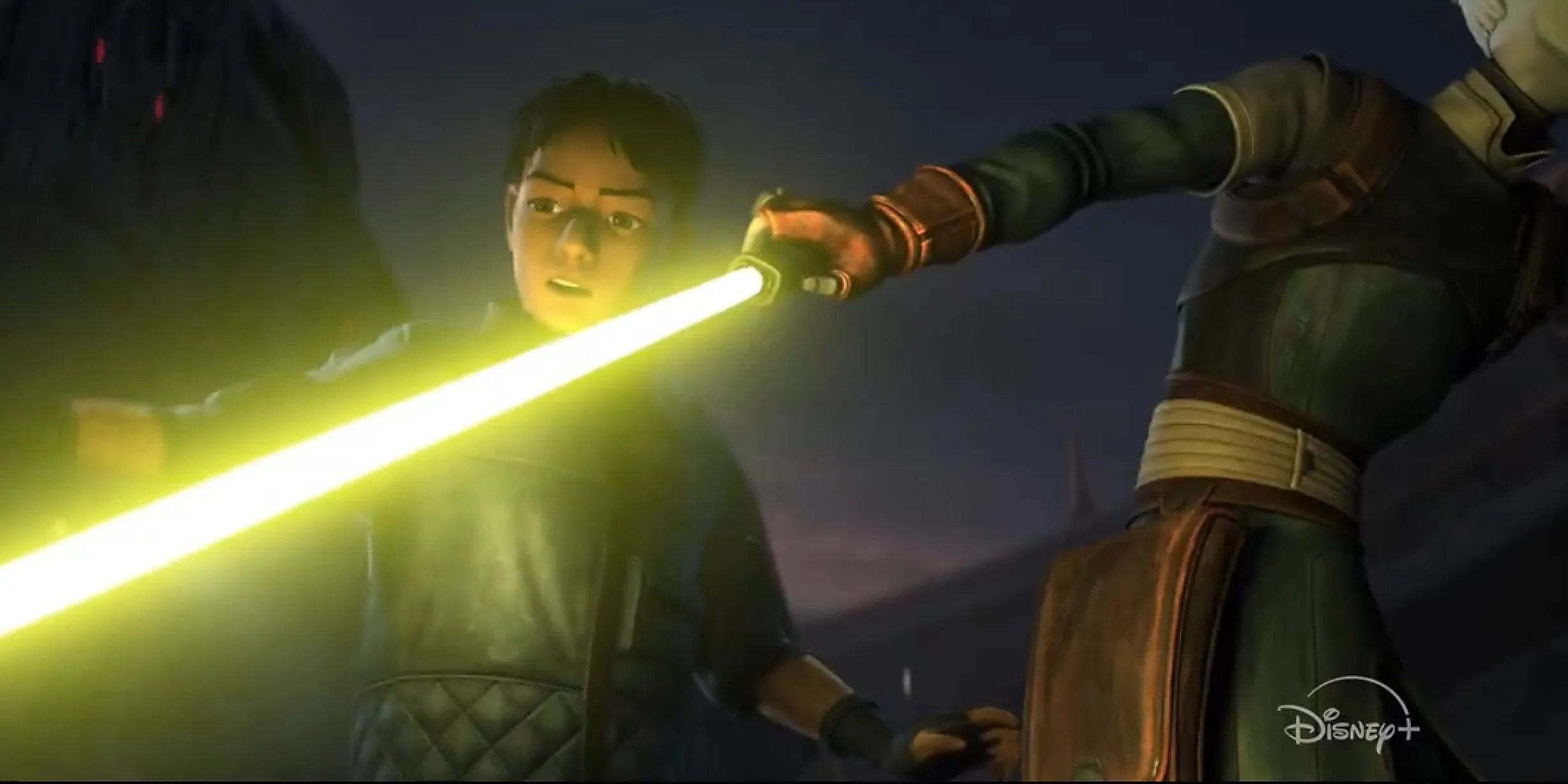 Asajj Ventress protecting a youngling with her yellow lightsaber in the trailer for Star Wars: Tales of the Underworld Asajj Ventress protecting a youngling with her yellow lightsaber in the trailer for Star Wars: Tales of the Underworld