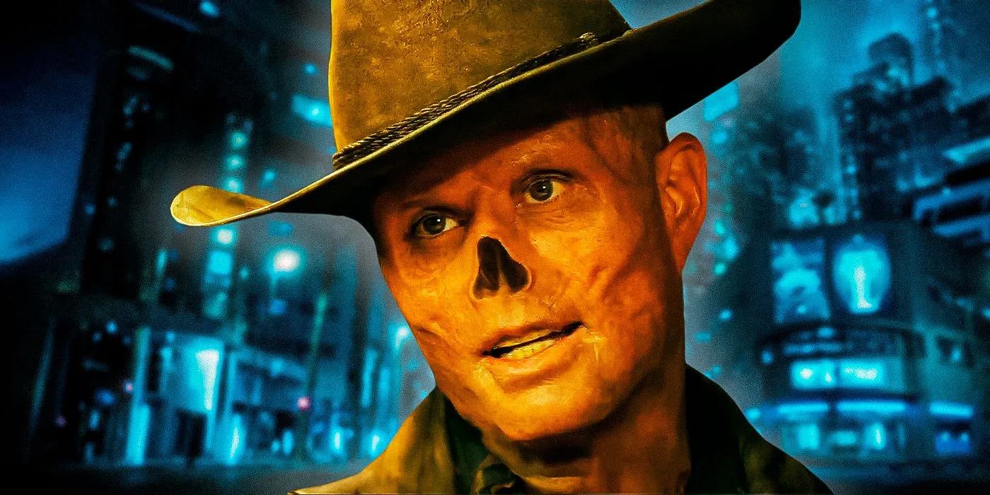 Walton Goggins as The Ghoul looking smug in Fallout with a city in the background Walton Goggins as The Ghoul looking smug in Fallout with a city in the background